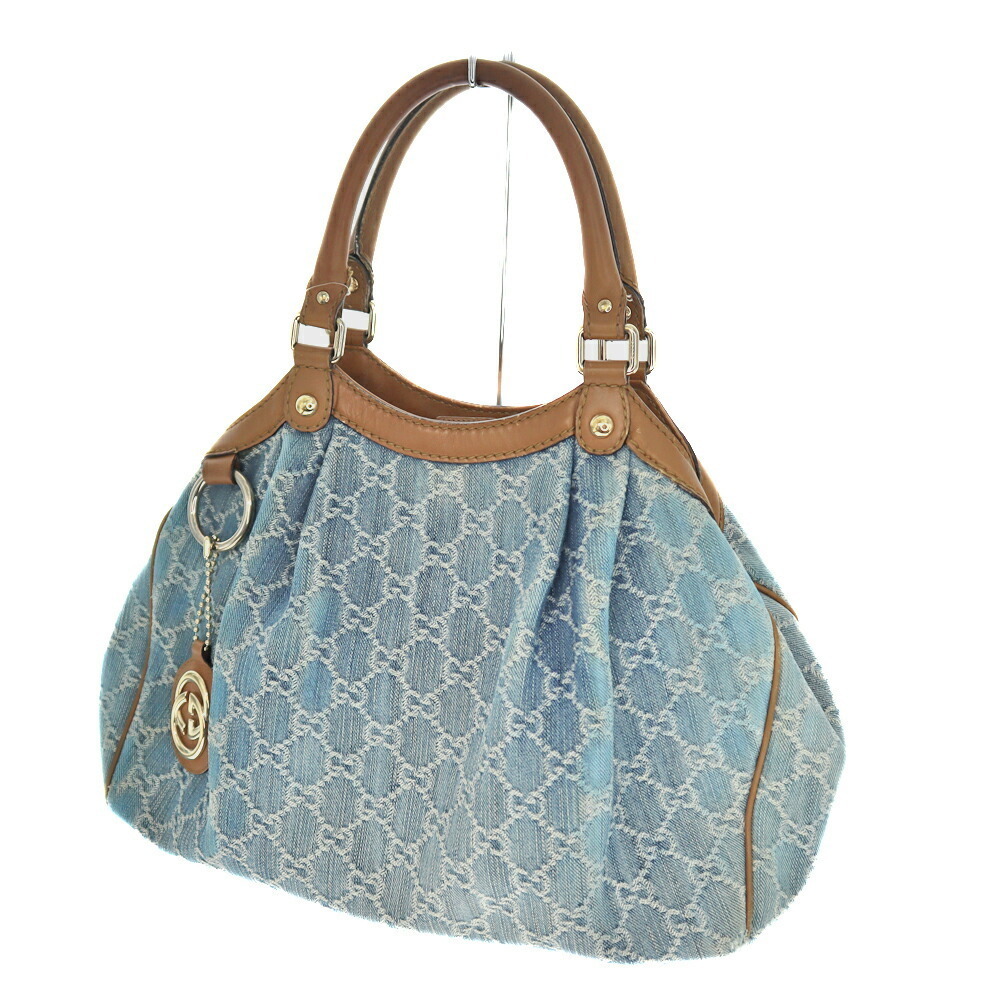 Gucci Sukey Tote Bag Handbag Brown Blue GG Denim Leather